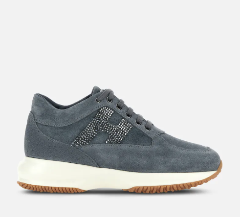 Sneaker Hogan Interactive da donna in camoscio grigio con H laterale a strass