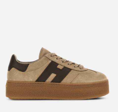Sneaker Hogan da donna con plateau in camoscio beige e H marrone