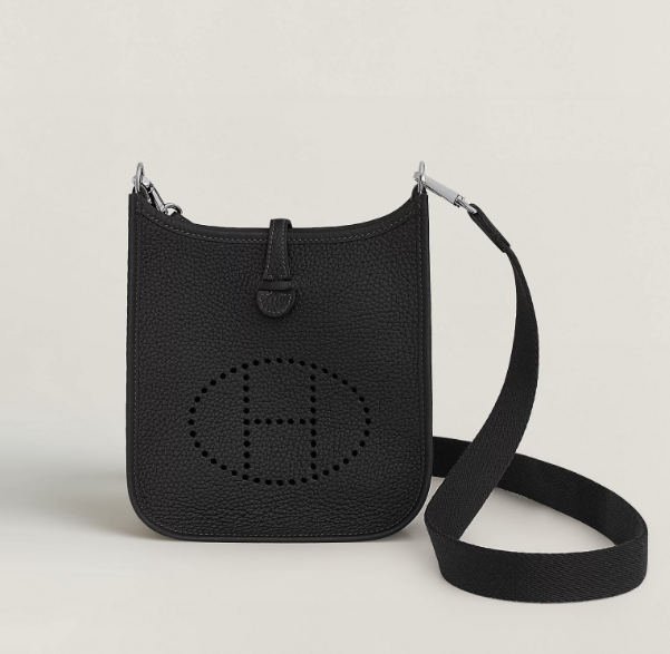 Borsa Hermès Evelyne in pelle nera a grana naturale con H traforata e tracolla in tela