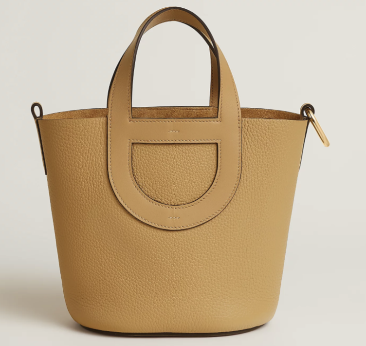 Borsa Hermès a secchiello in pelle beige a grana naturale con manico sagomato a H
