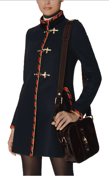 Cappotto Fay blu da donna con tre ganci dorati, collo alla coreana e profilo intrecciato rosso e blu