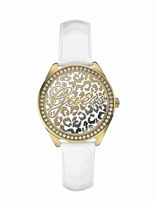 Orologio Guess da donna dorato con lunetta di cristalli e cinturino bianco in vernice