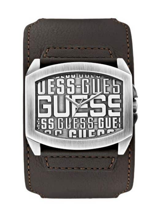 Orologio Guess da uomo con cassa rettangolare in acciaio e cinturino largo in pelle marrone