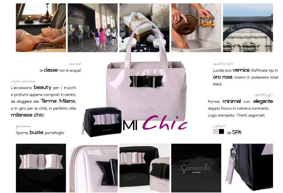 Borsa e pochette Camomilla Italia in vernice rosa cipria con fiocco a contrasto