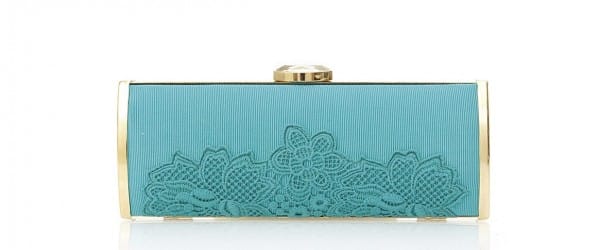 Blumarine clutch in ottone lucido e tessuto con di pizzo floreale