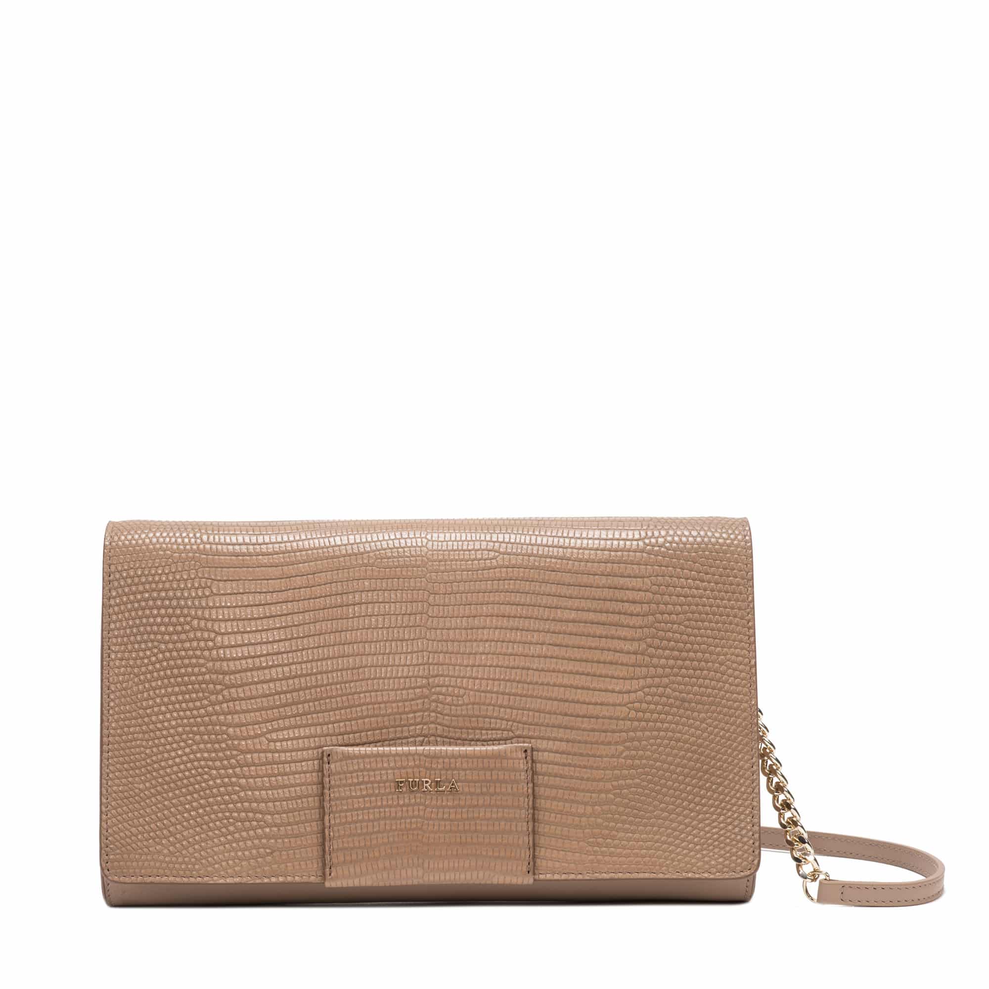 Pochette Furla rettangolare in pelle stampata effetto rettile color tortora con catena sottile dorata