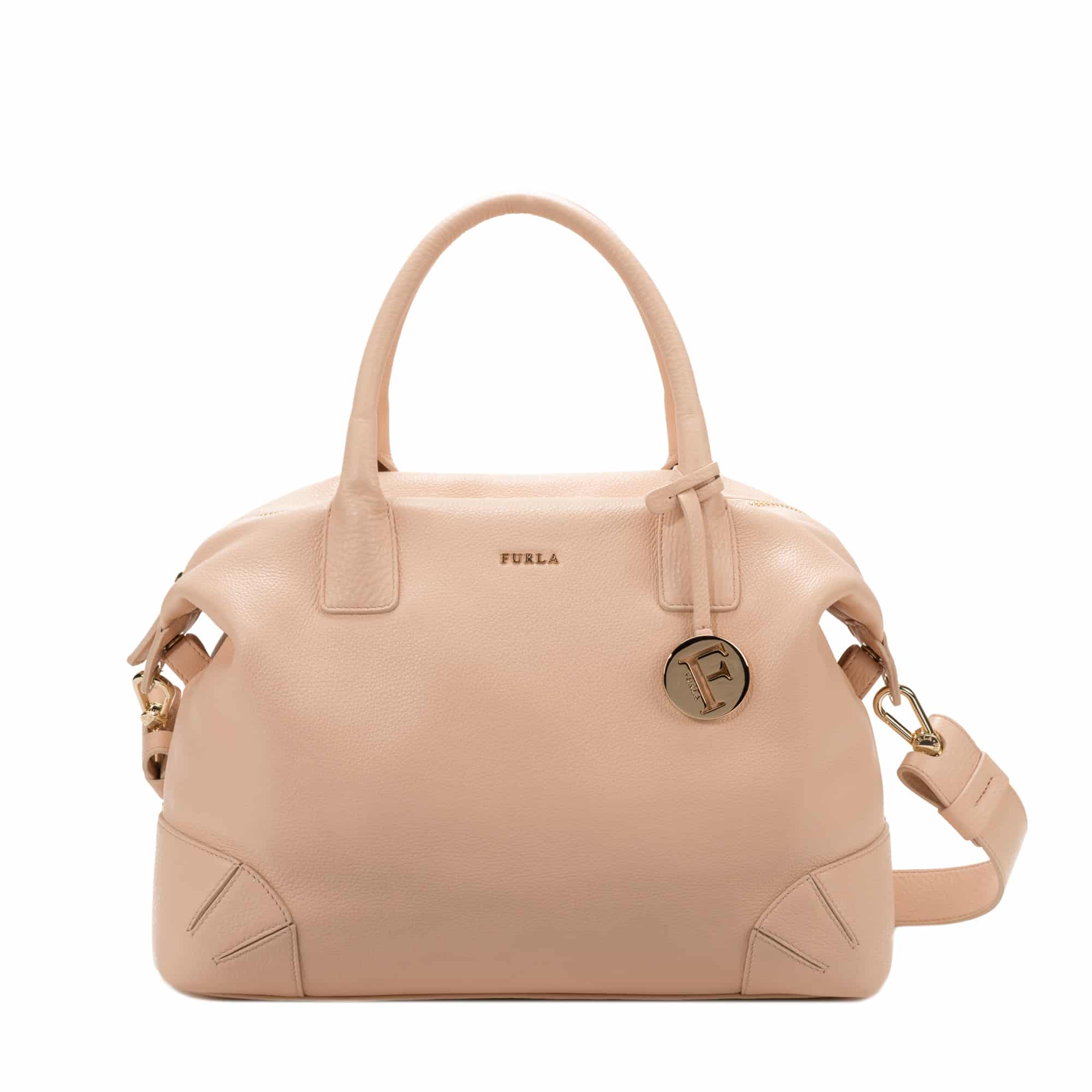 Bauletto Furla in pelle rosa cipria con doppi manici, ciondolo tondo con logo e tracolla