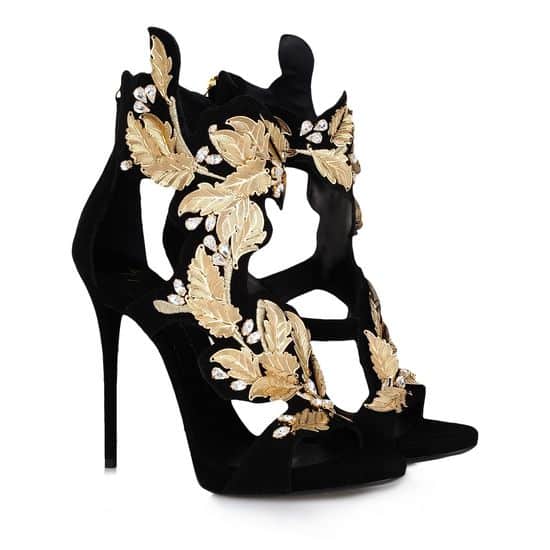 Giuseppe Zanotti sandalo camoscio nero con Leaf dorato e Swarovski 1595.00 euro