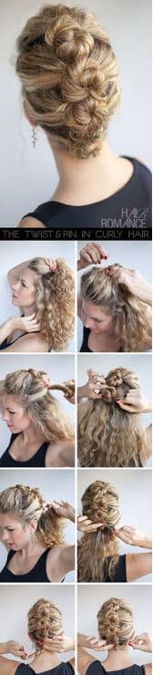 Capelli ricci raccolti in un'acconciatura semplice fai da te