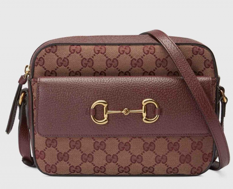Borsa Gucci Horsebit 1955 a tracolla in tela GG beige e bordeaux con morsetto dorato
