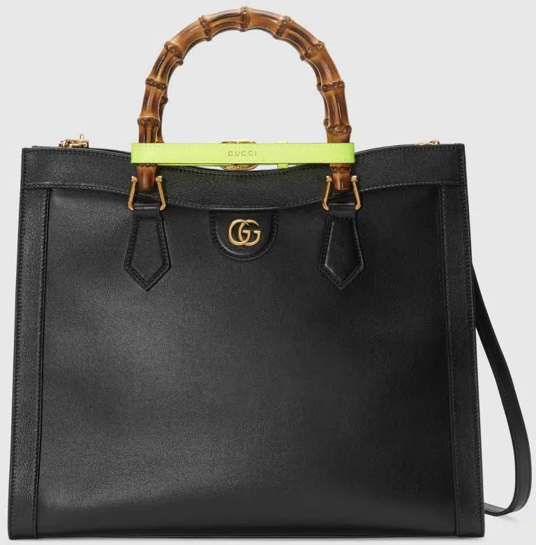 Borsa Gucci Diana in pelle nera con manici in bambù e cinturino verde fluo