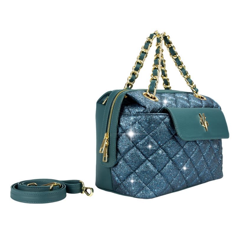 borsa glitterata con tracolla e trapuntata
