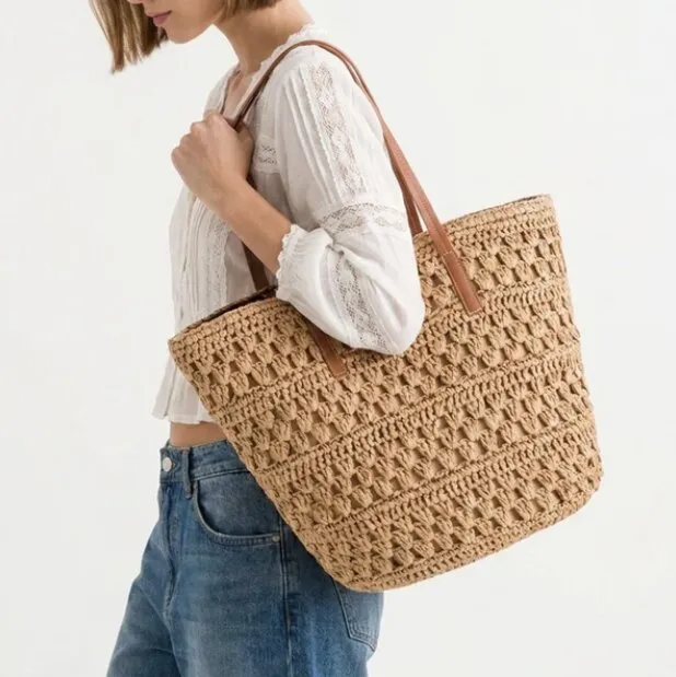 Borsa mare Carpisa in paglia intrecciata con manici in ecopelle