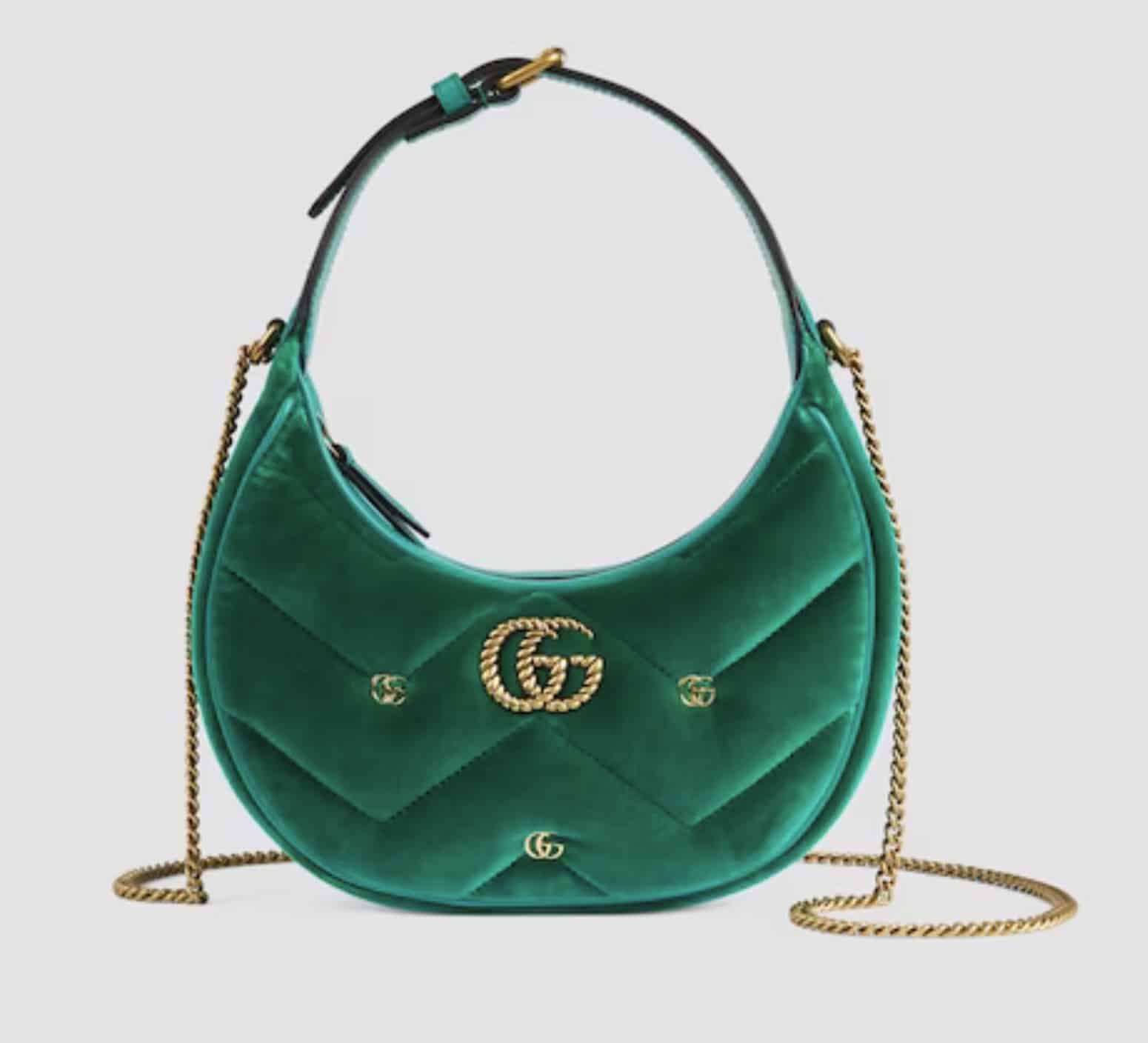 marmont a mezzaluna di colore verde in velluto elegante con tracolla dorata