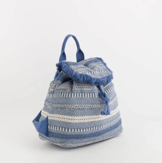 Zaino Carpisa in tessuto jacquard blu con frange, stile boho