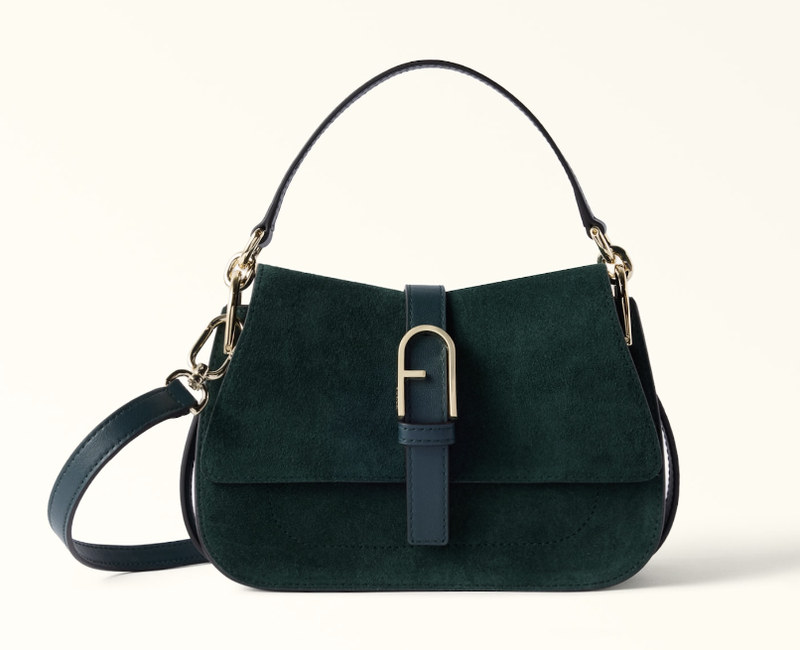 Borsa Furla in camoscio verde scuro con la fibbia dorata a forma di logo Arco