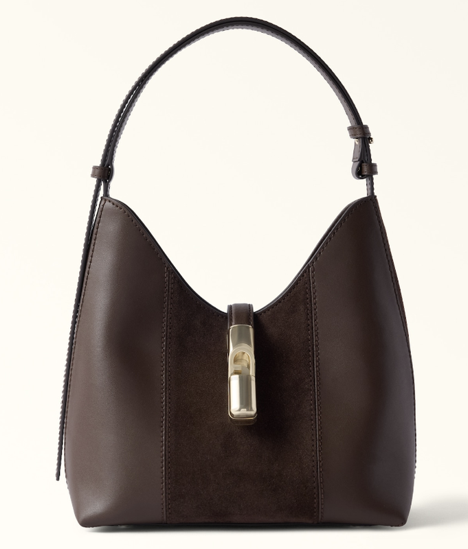 Borsa hobo Furla marrone in pelle e camoscio con chiusura cilindrica in metallo dorato