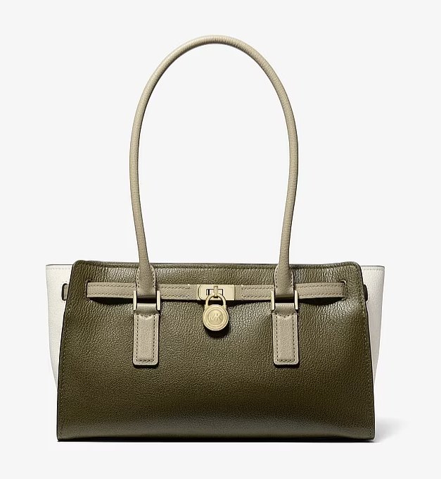 Borsa a mano Michael Kors in pelle martellata verde oliva e avorio con lucchetto e minuteria metallica dorata