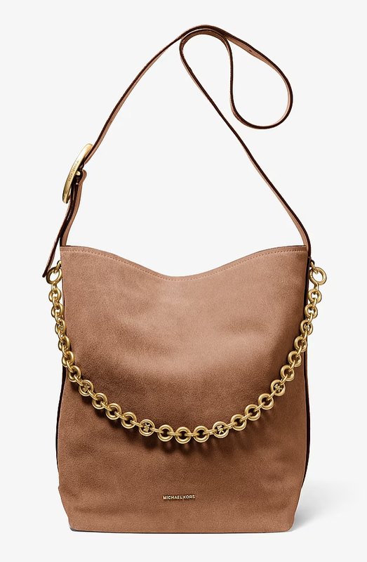 Borsa a secchiello Michael Kors in pelle scamosciata color cuoio con catena dorata