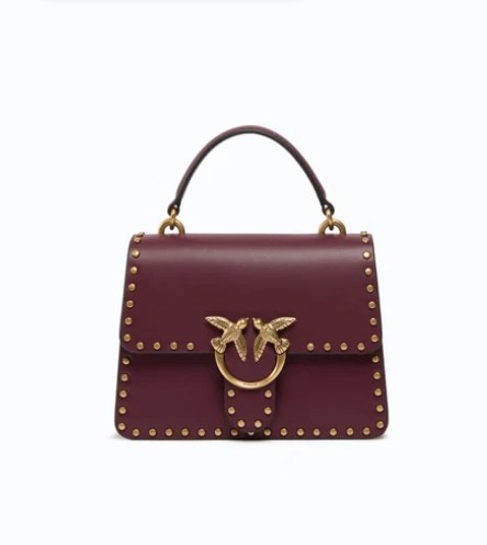 Borsa Pinko Love Bag bordeaux con borchie dorate, manico e fibbia Love Birds
