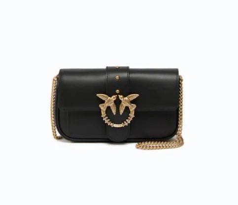 Borsa Pinko Love Bag nera con fibbia Love Birds dorata e tracolla a catena