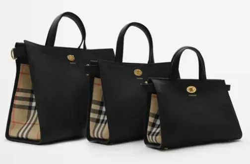 Three Burberry House Check totes in different sizes with black leather trim