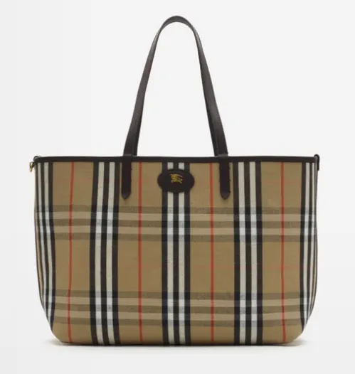 Burberry check tote with the Equestrian Knight Design plaque on the front