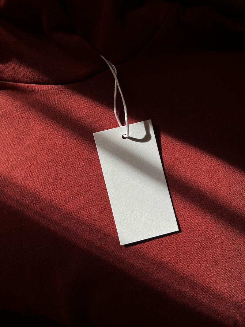 Cartellino di cartone bianco senza scritte appeso con un cordino a un tessuto rosso