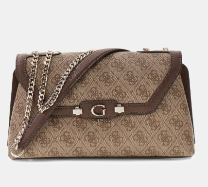 Brown Guess flap bag in 4G logo jacquard with a silver chain strap and the G-shaped closure