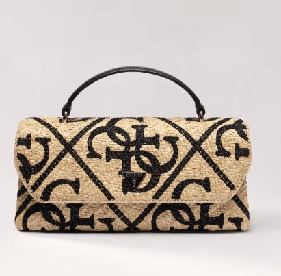 Natural raffia Guess bag with the 4G logo pattern woven in black and a dark top handle