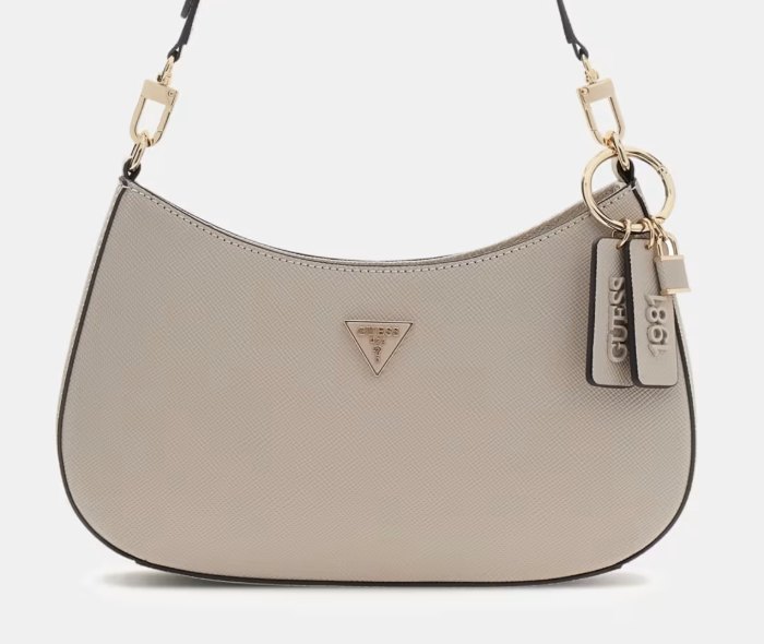 Beige Guess shoulder bag in saffiano-grain material with the gold triangle logo plaque, snap hooks and branded hangtags