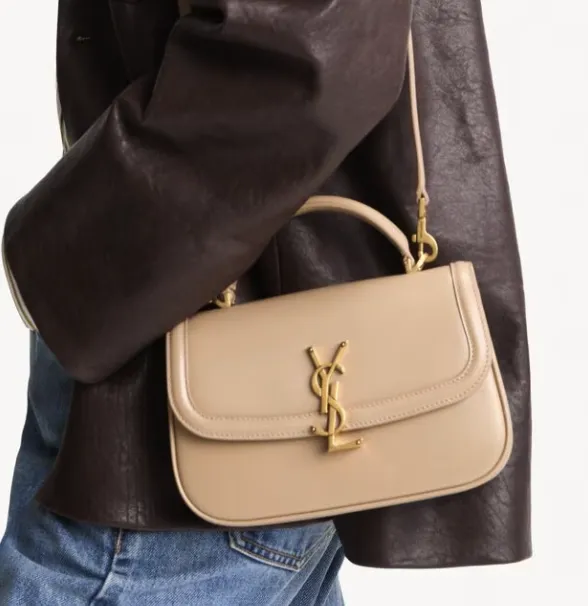 Saint Laurent beige leather flap bag with top handle and Cassandre monogram