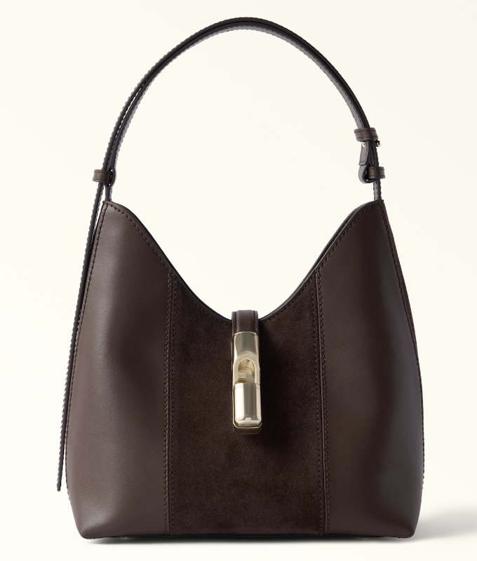 Borsa Furla Goccia a spalla in pelle di vitello e camoscio marrone espresso, collezione autunno inverno 2026-2027